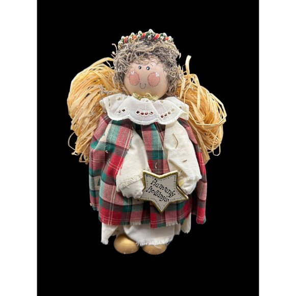 Vtg. Primitive Wooden Christmas Angel Doll Plaid Dress "Heavenly Holidays" Decor - Picture 1 of 7